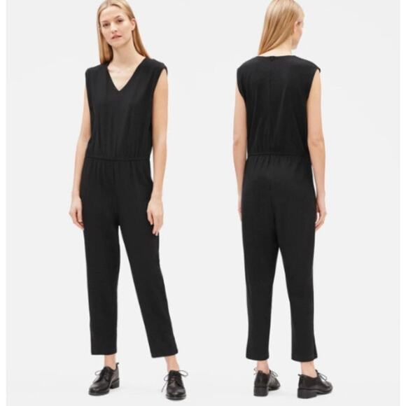 EILEEN FISHER Women’s L Black V-Neck Washable Crepe Stretch Jersey Jumpsuit  - Picture 1 of 11